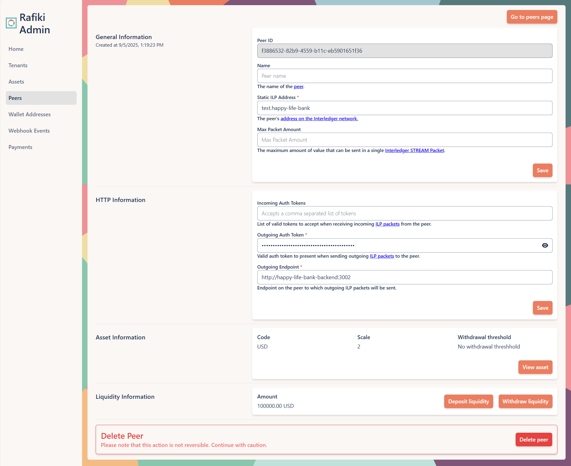 A screenshot of the Rafiki Admin application user interface displaying the "Edit Peer" section. It shows several text fields configured for an existing peer. This page is used to view peer details, edit peer details, and delete a peer.